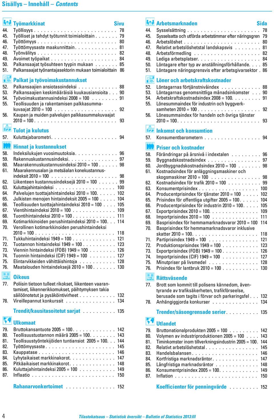 Palkansaajat työnantajasektorin mukaan toimialoittain 86 Palkat ja työvoimakustannukset 52. Palkansaajien ansiotasoindeksi............ 88 53. Palkansaajien keskimääräisiä kuukausiansioita... 90 54.