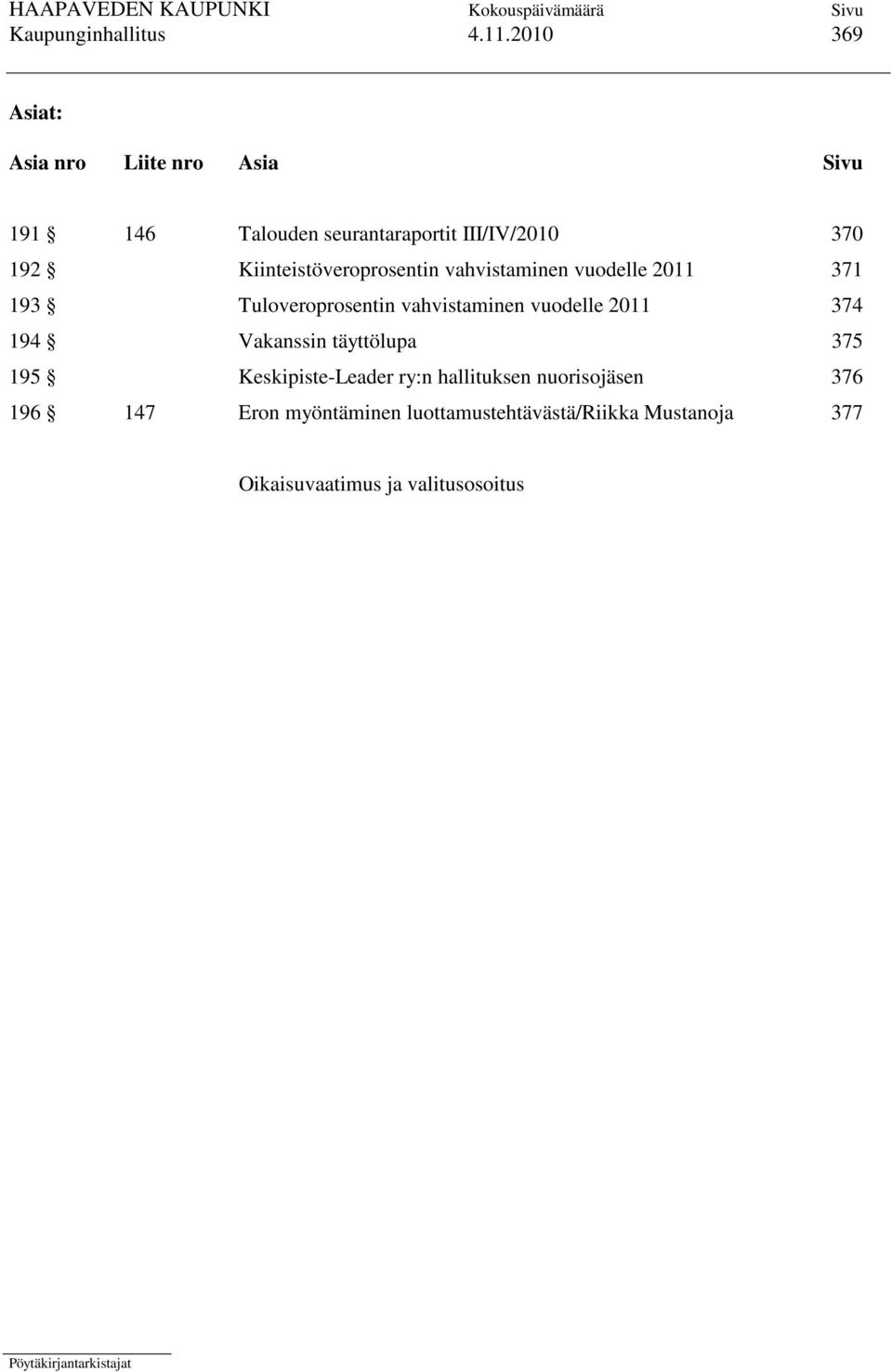 Kiinteistöveroprosentin vahvistaminen vuodelle 2011 371 193 Tuloveroprosentin vahvistaminen vuodelle