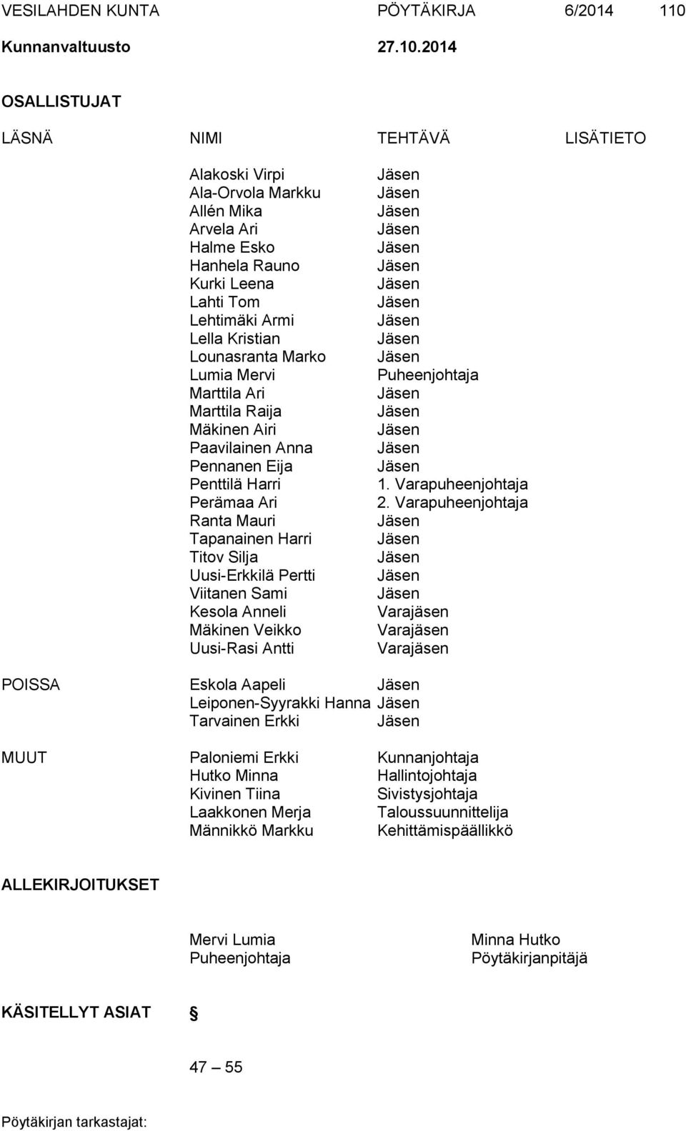 2014 OSALLISTUJAT LÄSNÄ NIMI TEHTÄVÄ LISÄTIETO Alakoski Virpi Ala-Orvola Markku Allén Mika Arvela Ari Halme Esko Hanhela Rauno Kurki Leena Lahti Tom Lehtimäki Armi Lella Kristian Lounasranta Marko