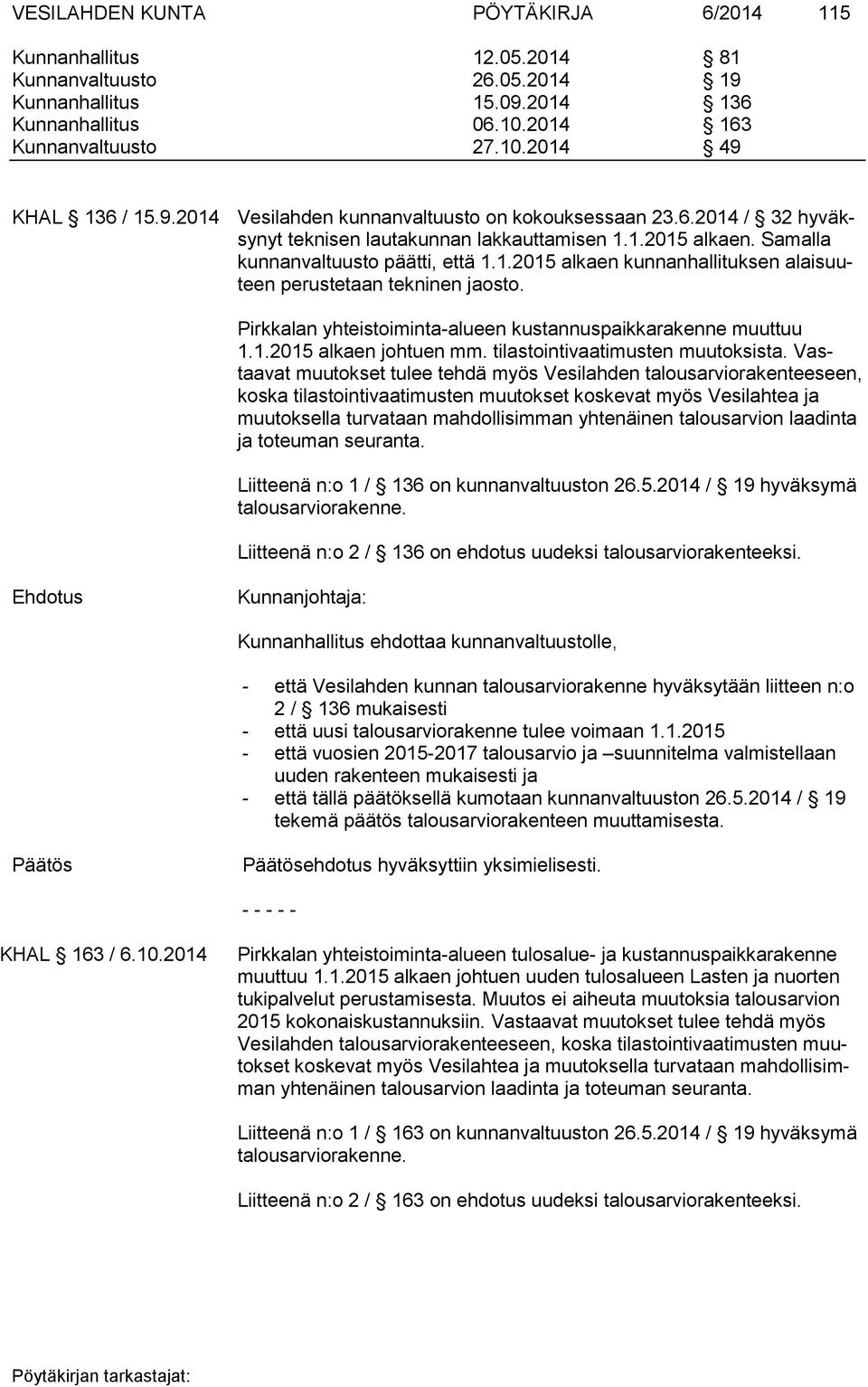 Pirkkalan yhteistoiminta-alueen kustannuspaikkarakenne muuttuu 1.1.2015 alkaen johtuen mm. tilastointivaatimusten muutoksista.