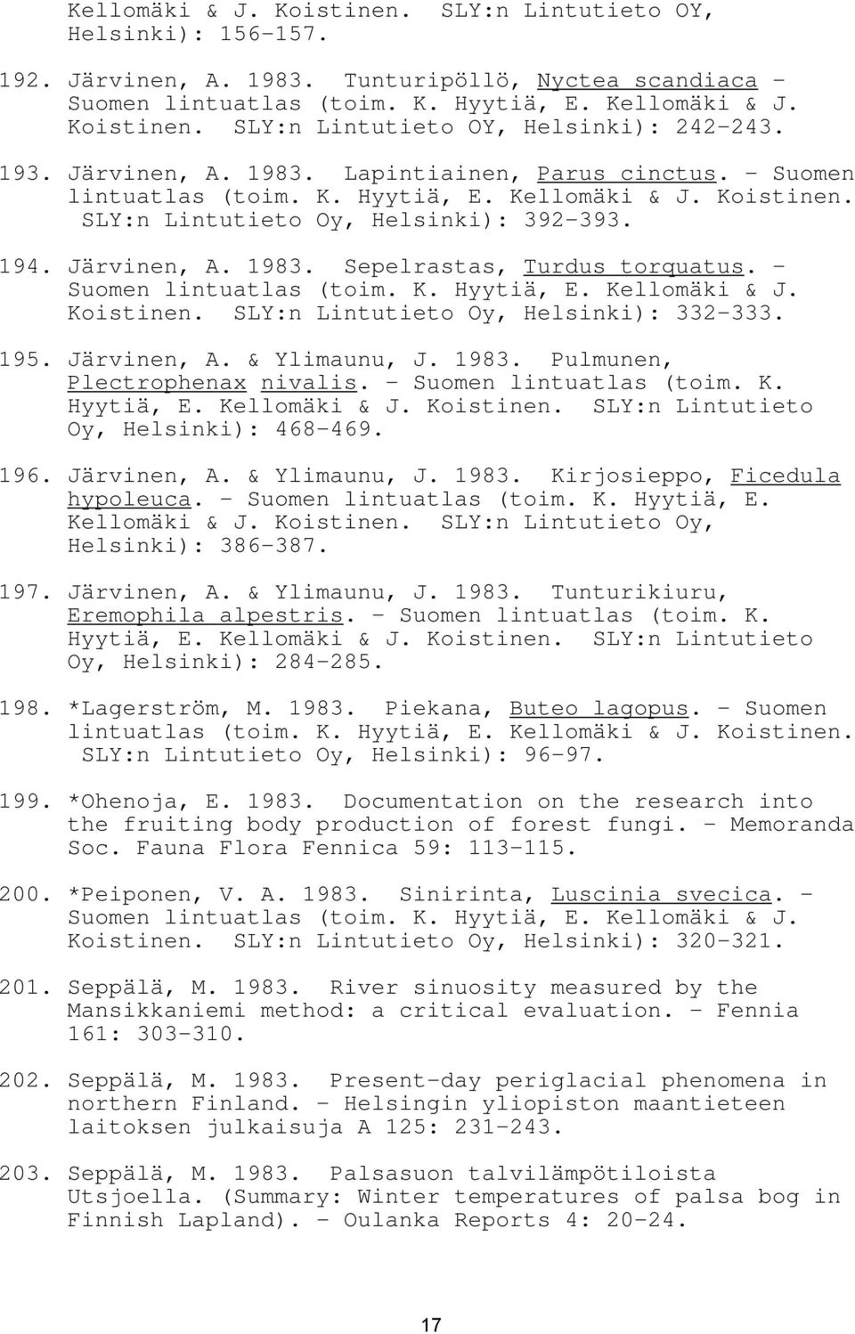 - Suomen lintuatlas (toim. K. Hyytiä, E. Kellomäki & J. Koistinen. SLY:n Lintutieto Oy, Helsinki): 332-333. 195. Järvinen, A. & Ylimaunu, J. 1983. Pulmunen, Plectrophenax nivalis.