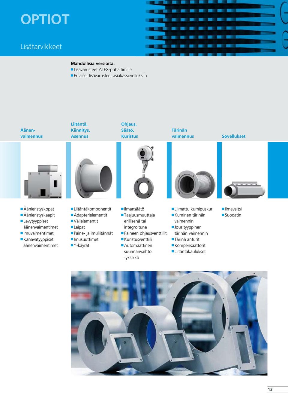 Adapterielementit Välielementit Laipat Paine- ja imuliitännät Imusuuttimet Y-käyrät Ilmansäätö Taajuusmuuttaja erillisenä tai integroituna Paineen ohjausventtiilit