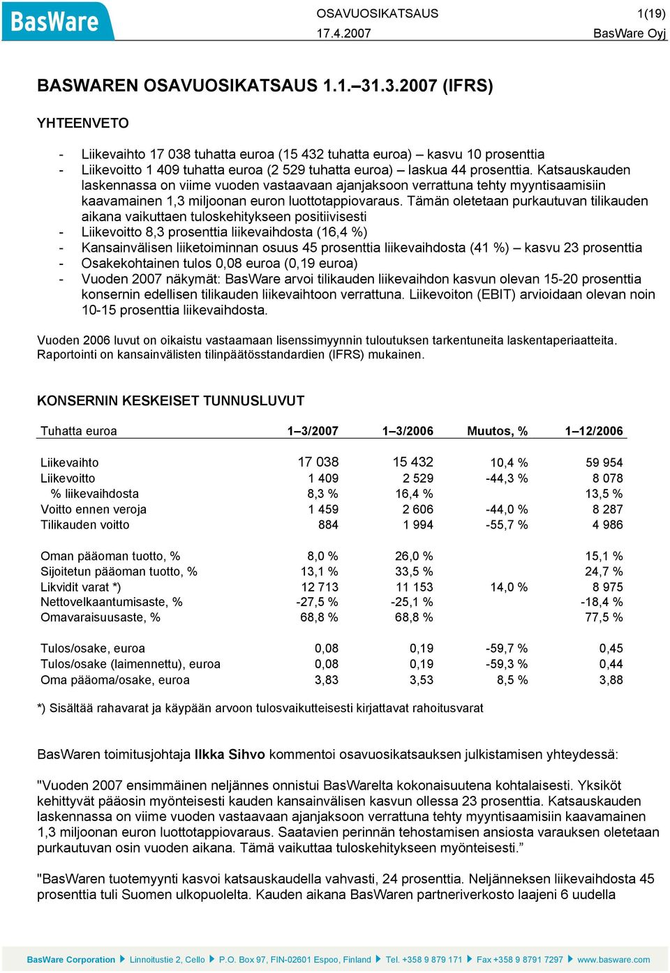 Katsauskauden laskennassa on viime vuoden vastaavaan ajanjaksoon verrattuna tehty myyntisaamisiin kaavamainen 1,3 miljoonan euron luottotappiovaraus.