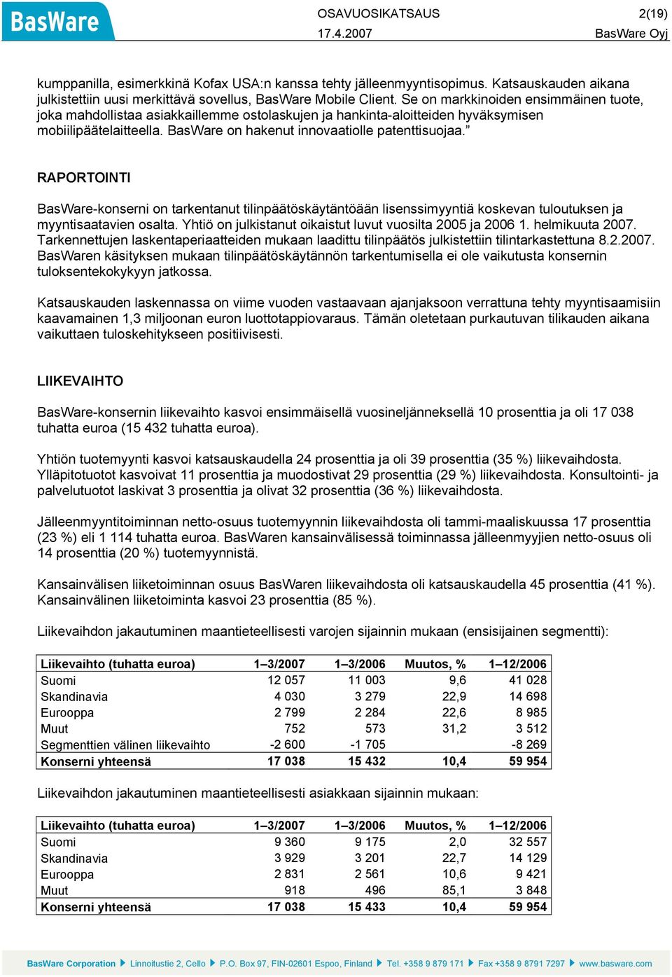 RAPORTOINTI BasWare-konserni on tarkentanut tilinpäätöskäytäntöään lisenssimyyntiä koskevan tuloutuksen ja myyntisaatavien osalta. Yhtiö on julkistanut oikaistut luvut vuosilta 2005 ja 2006 1.