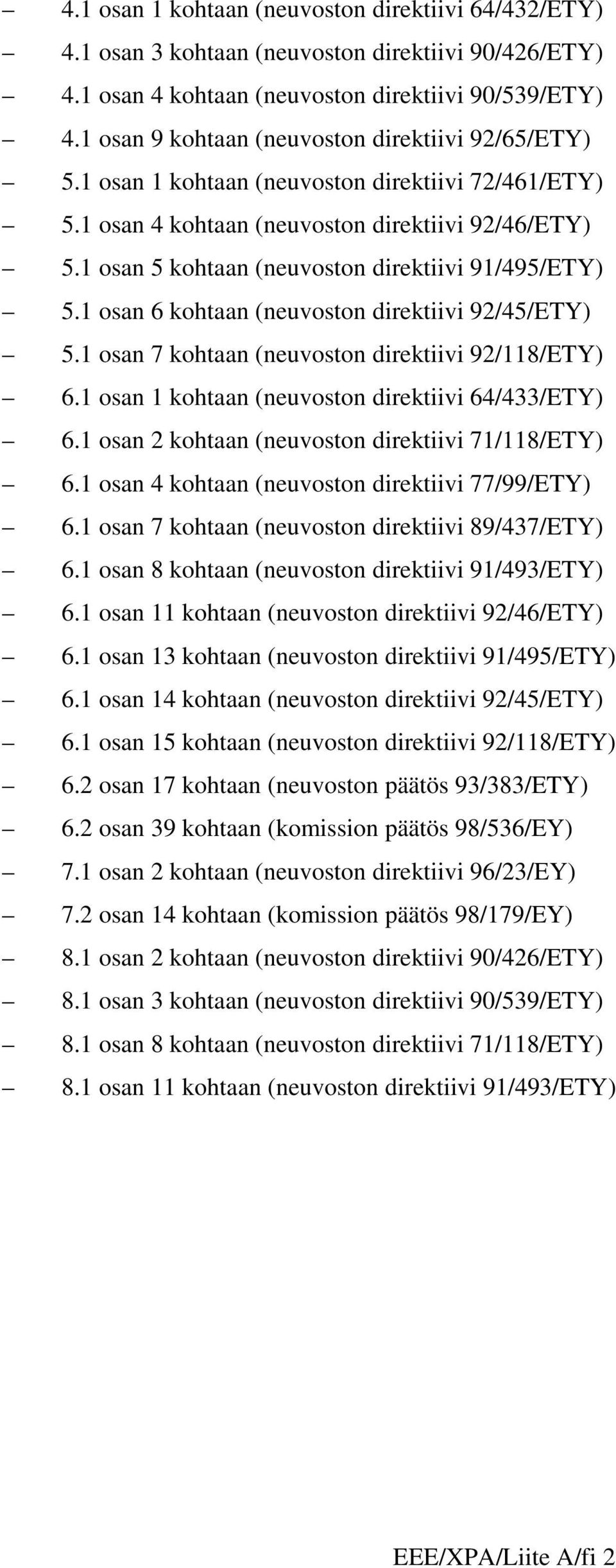 1 osan 5 kohtaan (neuvoston direktiivi 91/495/ETY) 5.1 osan 6 kohtaan (neuvoston direktiivi 92/45/ETY) 5.1 osan 7 kohtaan (neuvoston direktiivi 92/118/ETY) 6.