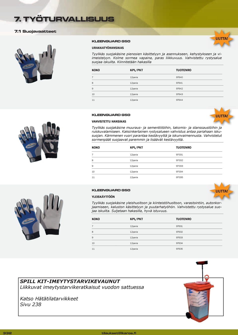 Kiinnitetään hakasilla 7 12paria 97640 8 12paria 97641 9 12paria 97642 10 12paria 97643 11 12paria 97644 KLEENGUARD G50 VAHVISTETTU HANSIKAS Tyylikäs suojakäsine muuraus- ja sementtitöihin, takomis-