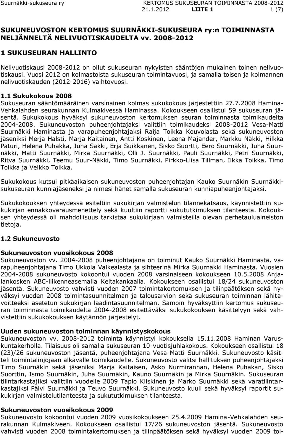 Vuosi 2012 on kolmastoista sukuseuran toimintavuosi, ja samalla toisen ja kolmannen nelivuotiskauden (2012-2016) vaihtovuosi. 1.