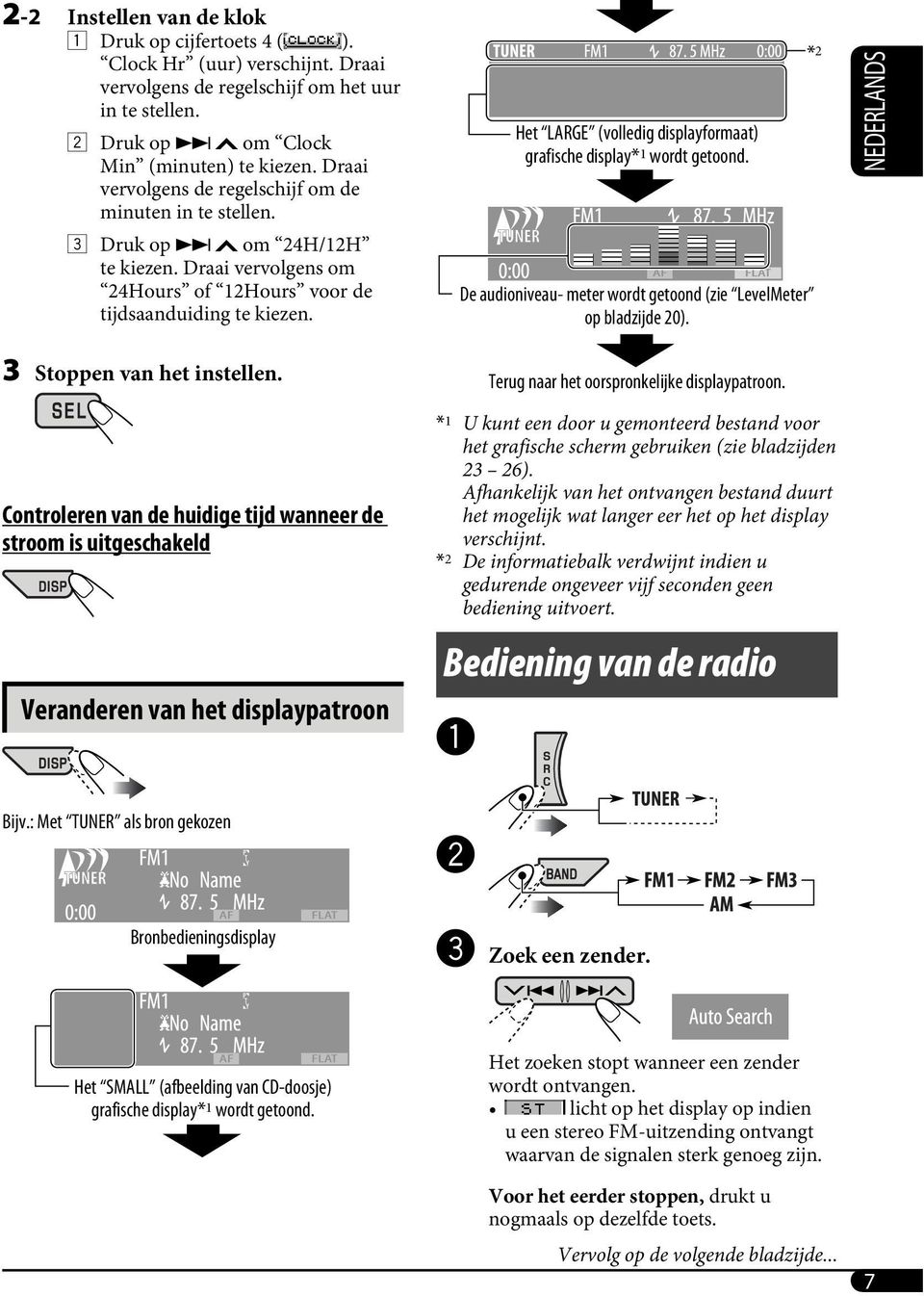 Het LARGE (volledig displayformaat) grafische display* 1 wordt getoond. De audioniveau- meter wordt getoond (zie LevelMeter op bladzijde 20). * 2 NEDERLANDS 3 Stoppen van het instellen.