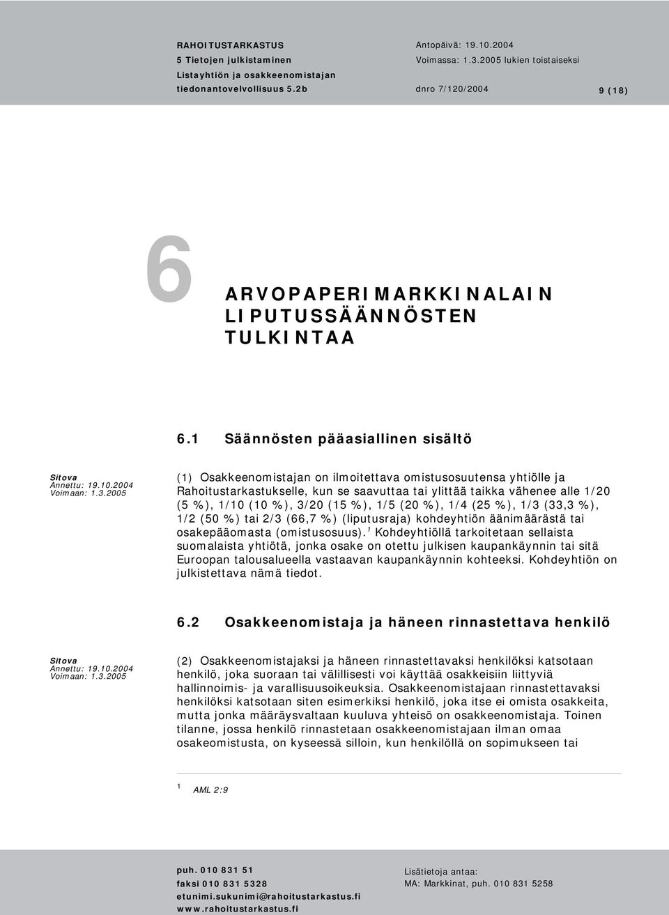 3/20 (15 %), 1/5 (20 %), 1/4 (25 %), 1/3 (33,3 %), 1/2 (50 %) tai 2/3 (66,7 %) (liputusraja) kohdeyhtiön äänimäärästä tai osakepääomasta (omistusosuus).