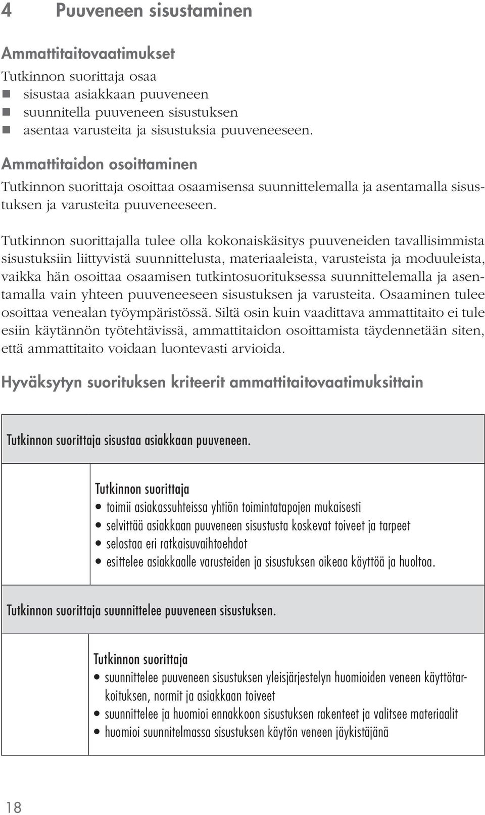 lla tulee olla kokonaiskäsitys puuveneiden tavallisimmista sisustuksiin liittyvistä suunnittelusta, materiaaleista, varusteista ja moduuleista, vaikka hän osoittaa osaamisen tutkintosuorituksessa