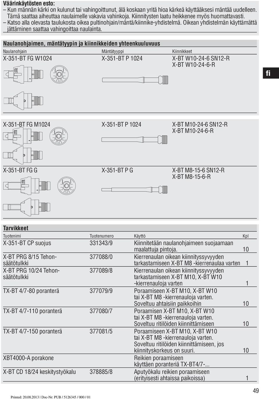 Naulanohjaimen, mäntätyypin ja kiinnikkeiden yhteenkuuluvuus Naulanohjain Mäntätyyppi Kiinnikkeet X-351-BT FG W1024 X-351-BT P 1024 X-BT W10-24-6 SN12-R X-BT W10-24-6-R X-351-BT FG M1024 X-351-BT P