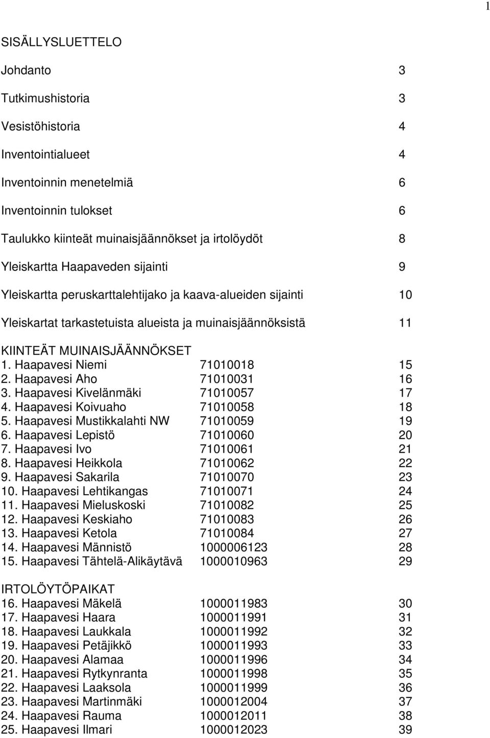 Haapavesi Niemi 71010018 15 2. Haapavesi Aho 71010031 16 3. Haapavesi Kivelänmäki 71010057 17 4. Haapavesi Koivuaho 71010058 18 5. Haapavesi Mustikkalahti NW 71010059 19 6.