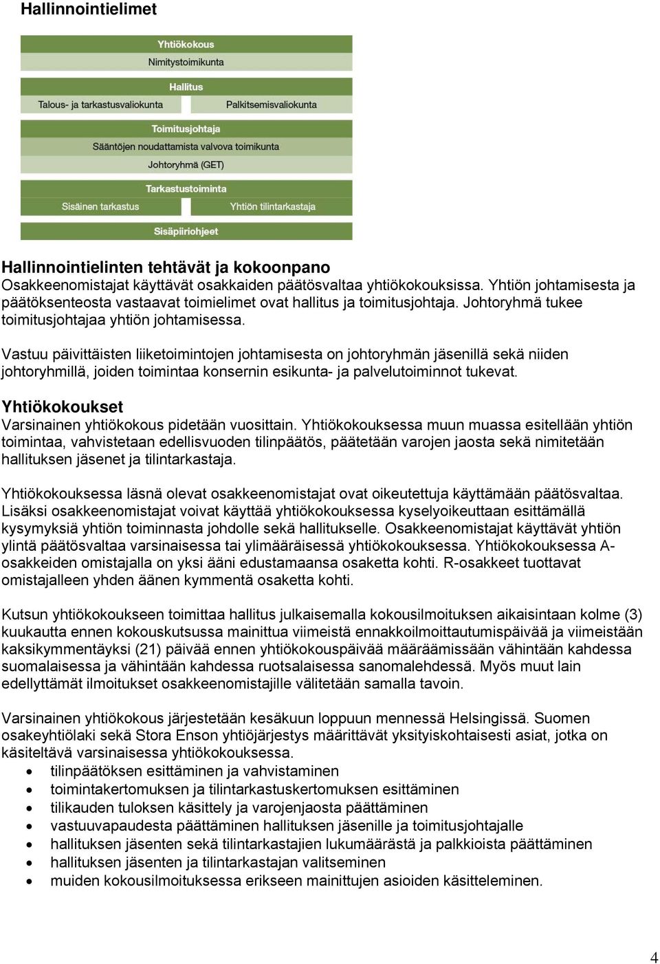 Vastuu päivittäisten liiketoimintojen johtamisesta on johtoryhmän jäsenillä sekä niiden johtoryhmillä, joiden toimintaa konsernin esikunta- ja palvelutoiminnot tukevat.