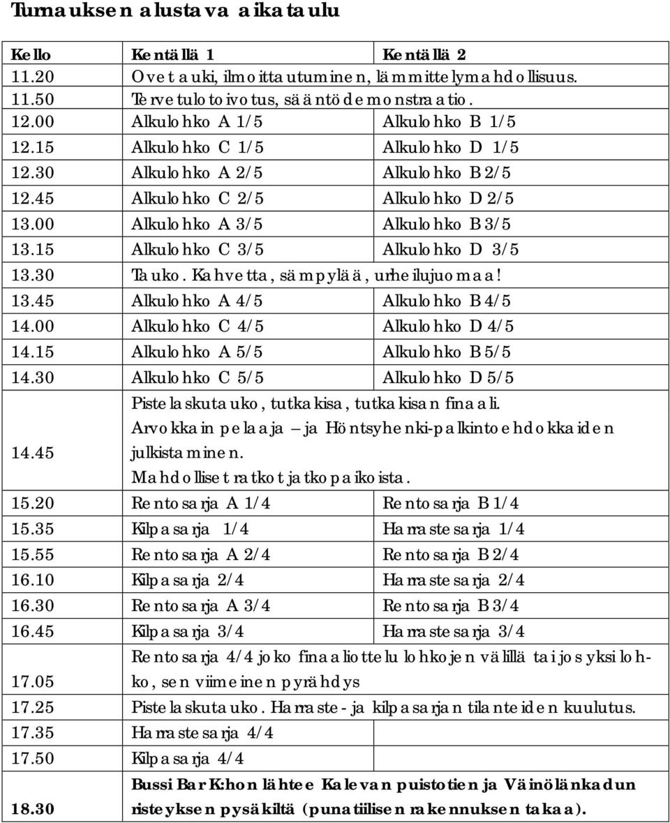 15 Alkulohko C 3/5 Alkulohko D 3/5 13.30 Tauko. Kahvetta, sämpylää, urheilujuomaa! 13.45 Alkulohko A 4/5 Alkulohko B 4/5 14.00 Alkulohko C 4/5 Alkulohko D 4/5 14.15 Alkulohko A 5/5 Alkulohko B 5/5 14.