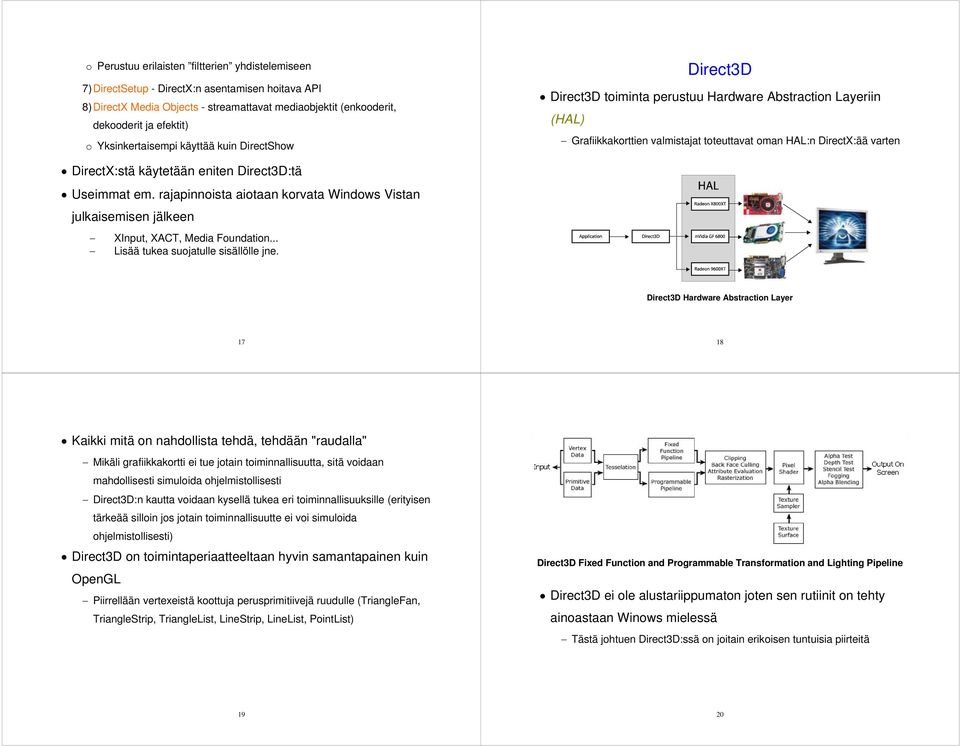 käytetään eniten Direct3D:tä Useimmat em. rajapinnoista aiotaan korvata Windows Vistan julkaisemisen jälkeen XInput, XACT, Media Foundation... Lisää tukea suojatulle sisällölle jne.