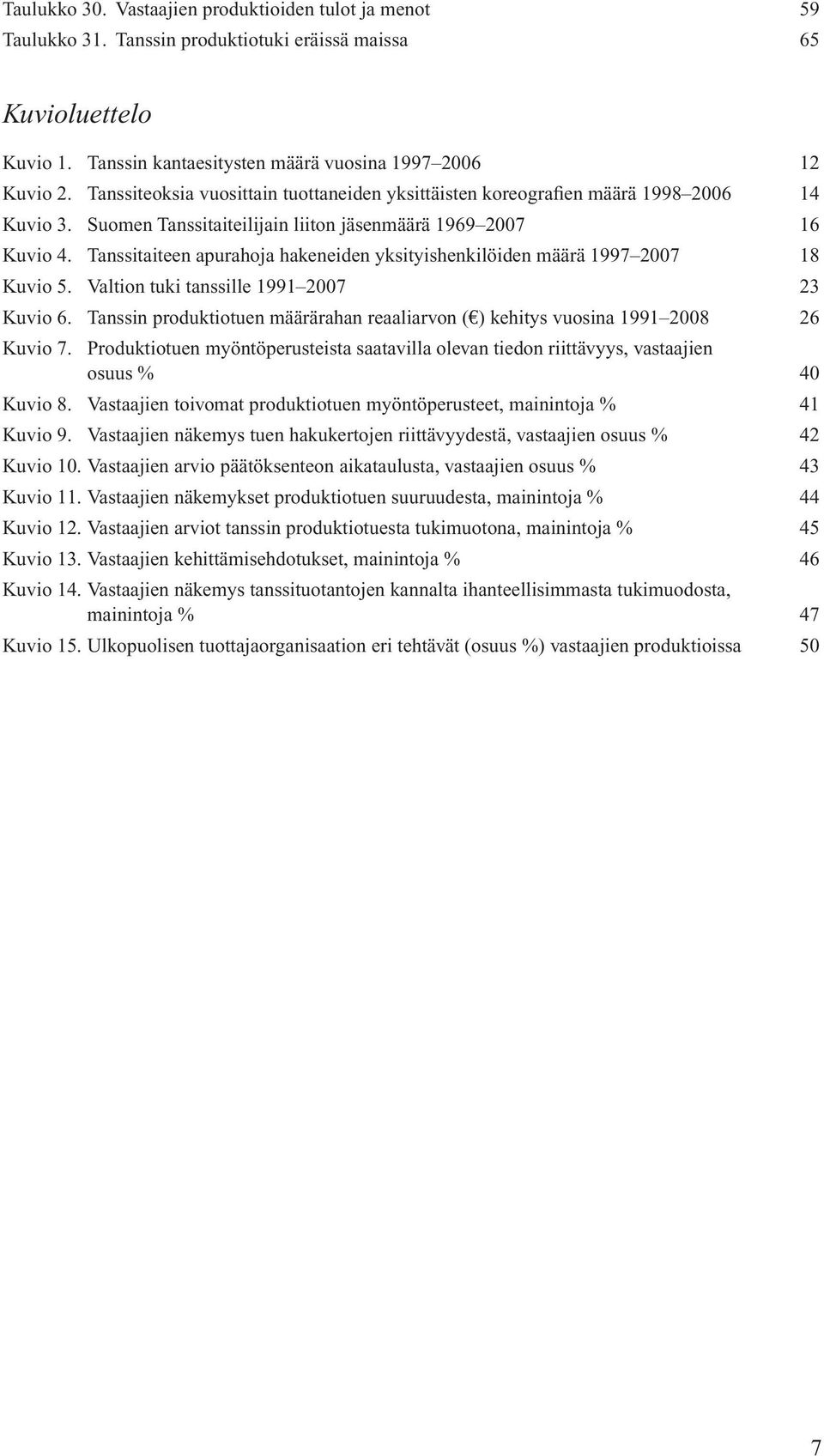 Tanssitaiteen apurahoja hakeneiden yksityishenkilöiden määrä 1997 2007 18 Kuvio 5. Valtion tuki tanssille 1991 2007 23 Kuvio 6.