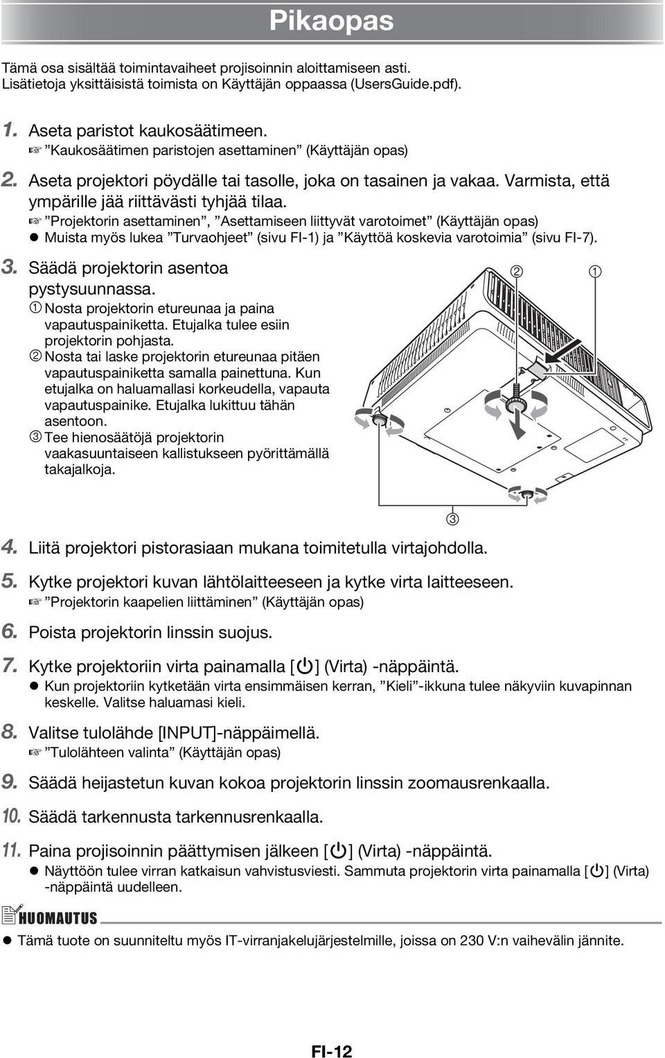 Projektorin asettaminen, Asettamiseen liittyvät varotoimet (Käyttäjän opas) Muista myös lukea Turvaohjeet (sivu FI-1) ja Käyttöä koskevia varotoimia (sivu FI-7). 3.