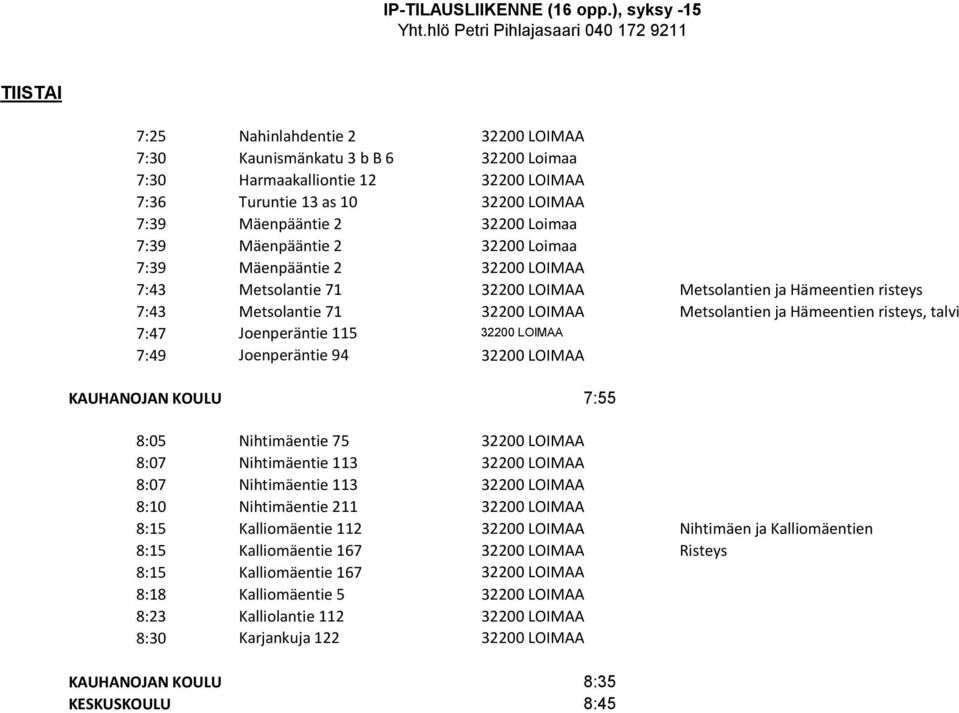 Joenperäntie 94 8:05 Nihtimäentie 75 8:10 Nihtimäentie 211 8:15 Kalliomäentie 112 Nihtimäen ja