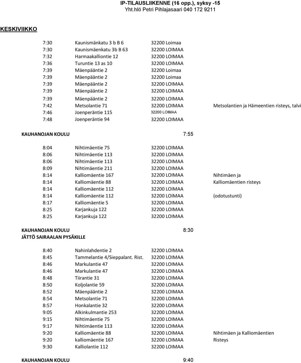 Kalliomäentie 112 (odotustunti) 8:17 Kalliomäentie 5 8:25 Karjankuja 122 8:25 Karjankuja 122 KAUHANOJAN KOULU 8:30 JÄTTÖ SAIRAALAN PYSÄKILLE 8:40 Nahinlahdentie 2 8:45 Tammelantie 4/Sieppalant. Rist.