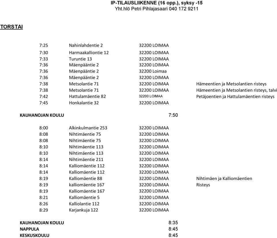 Alkinkulmantie 253 8:08 Nihtimäentie 75 8:08 Nihtimäentie 75 8:10 Nihtimäentie 113 8:10 Nihtimäentie 113 8:14 Nihtimäentie 211 8:14 Kalliomäentie 112 8:14