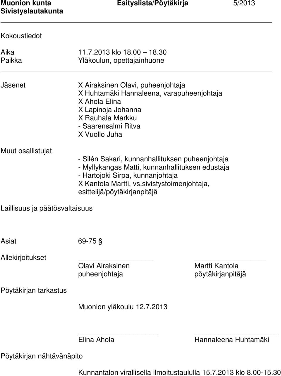 Saarensalmi Ritva X Vuollo Juha - Silén Sakari, kunnanhallituksen puheenjohtaja - Myllykangas Matti, kunnanhallituksen edustaja - Hartojoki Sirpa, kunnanjohtaja X Kantola Martti, vs.