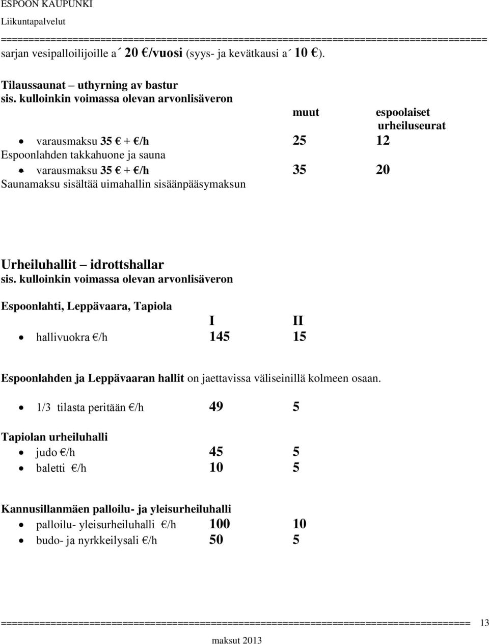 sisäänpääsymaksun espoolaiset urheiluseurat Urheiluhallit idrottshallar Espoonlahti, Leppävaara, Tapiola I II hallivuokra /h 145 15 Espoonlahden ja