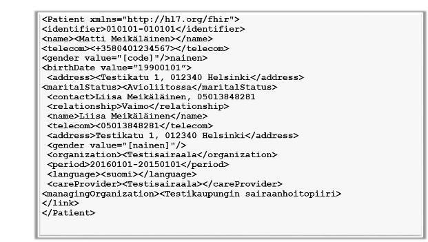 48 Kuvassa 15 on esitetty Potilas-resurssin pelkistetty XML-muotoinen esitystapa. Potilasresurssin XML-muotoinen kuvaus muistuttaa tietosisällön osalta paljon kuvaa 6.