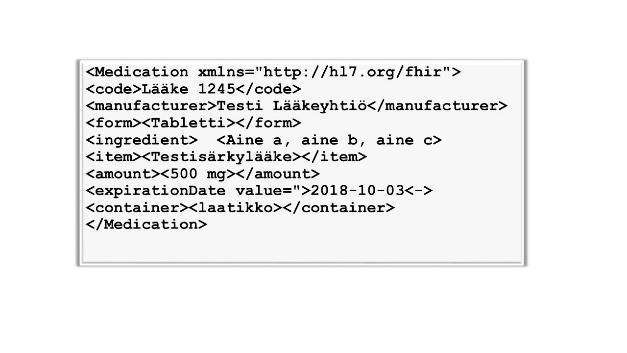 55 Reseptin lisäksi sähköinen lääkemääräys sisältää lääkitykseen liittyvää tietoa. FHIR sisältää lääkitys-resurssin (eng. Medication), josta on esitetty esimerkki kuvassa 18.