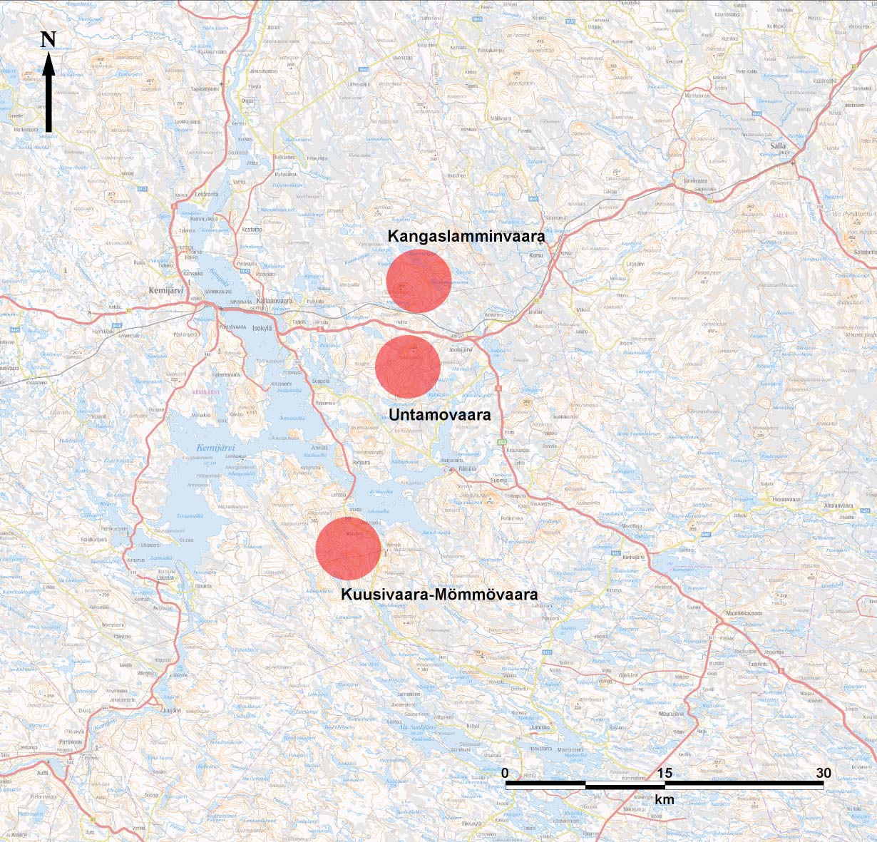 2 2.1 Hankkeiden sijain Kemijärven tuulivoimapuistohankkeeseen kuuluu kolme hankealue a, jotka sijaitsevat Kangaslamminvaaran, Untamonvaaran ja Kuusivaara-Mömmövaaran alueilla.