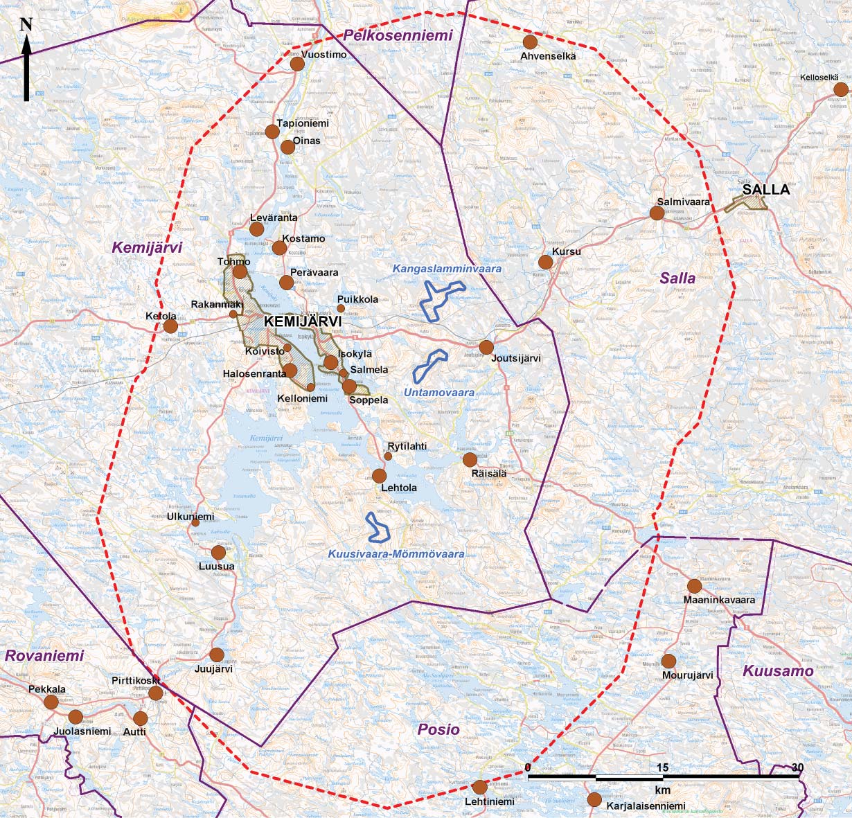 Taulukko 1. Kylät ja taajamat, jotka sijaitsevat 30 kilometrin tarkastelualueella Kemijärven tuulivoimapuistoista. Etäisyydet on mita u laajimmasta tuulivoimapuistovaihtoehdosta (VE 2).