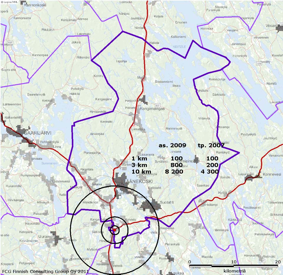 FCG Finnish Consulting Group Oy Kaavaselostus 25 (27) Kuva: Väestön ja työpaikkojen määrä 1, 3 ja 10 kilometrin etäisyydellä Hirvaskankaan kaupan alueesta.