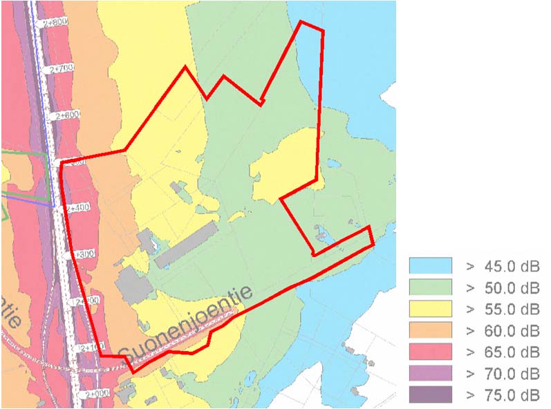 FCG Finnish Consulting Group Oy Kaavaselostus 29 (27) Kuva: Päivämeluennuste v. 2030 ilman meluntorjuntaa. Suunnittelualueelle tuleva maankäyttö ei ole liikennemelulle herkkää. 6.