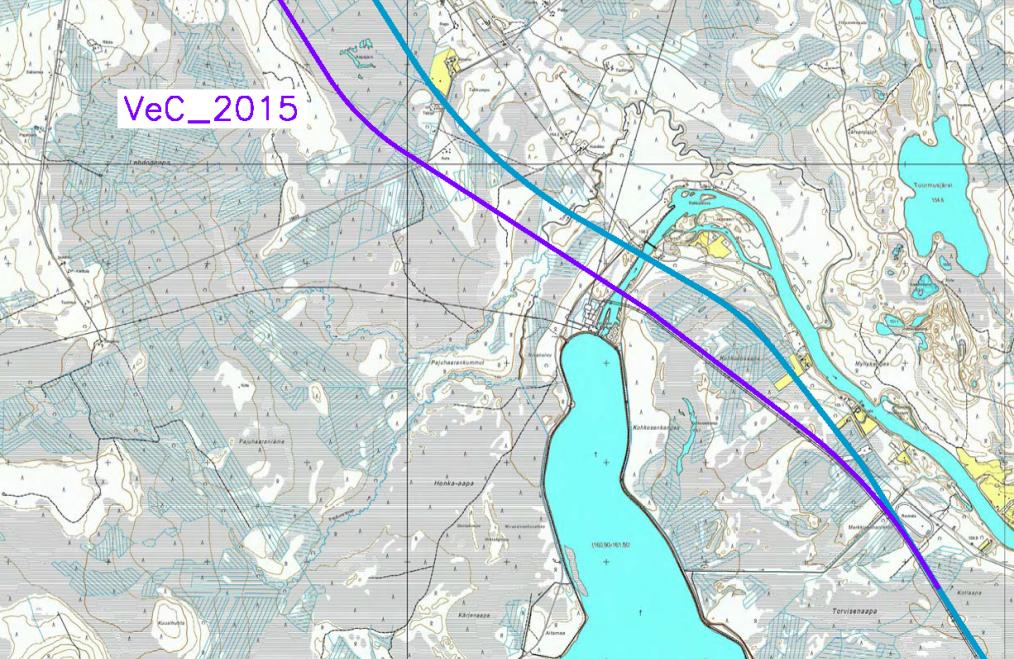 16 (20) Rovaniemen ja Itä-Lapin maakuntakaavan ratayhteysselvityksen täydennys 30.10.2015 Kuva 6. Uusi ja vanha linjaus VeC_2014 ja VeC_2015 Kairalan ja Komovaaran välillä.