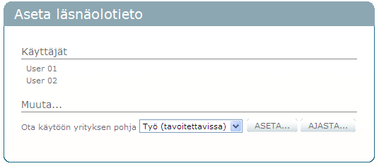 23.8.2011 25 (52) 3.6.2 Profiili Valitsemalla vasemmalta Puhelinluettelo aiheen näet kaikkien käyttäjien läsnäolotiedon.