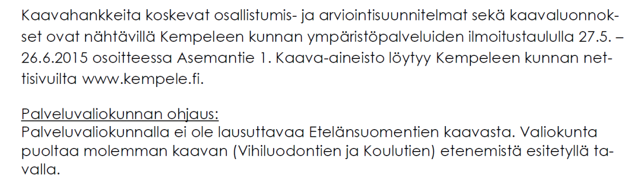 Vastine Kempeleen palveluvaliokunnalle: Palveluvaliokunnan