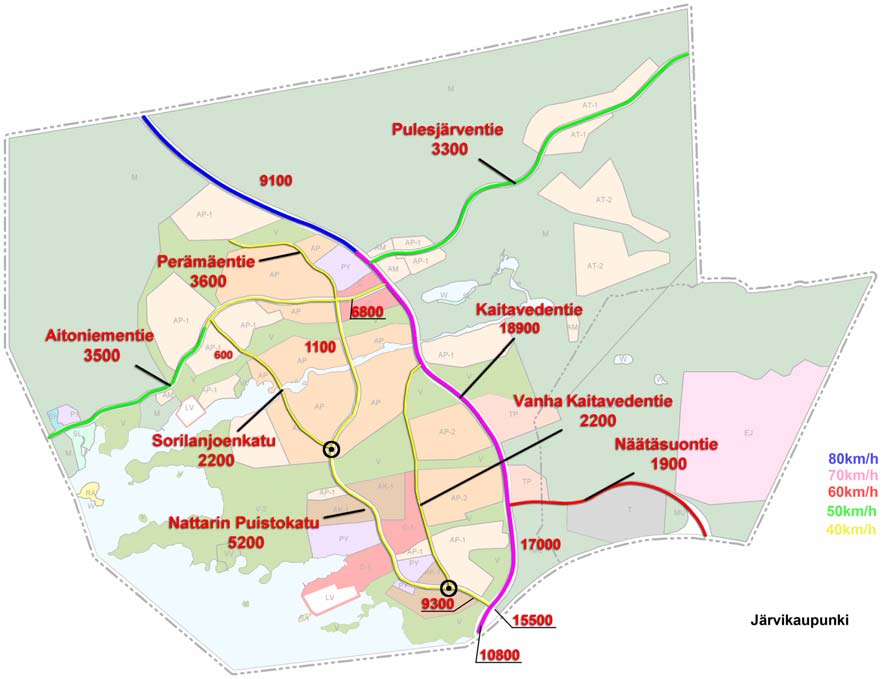 20 3.3 Järvikaupunki 3.3.1 Liikenneverkon jäsentely Järvikaupunkivaihtoehdossa Kaitavedentie kulkee VT 9:ltä Sorilanjoelle asti uuden linjauksen mukaisesti ja jatkaa siitä pohjoiseen nykyistä väylää mukaillen.