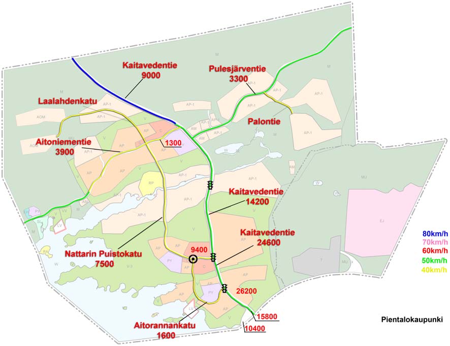 25 km/h. Pääkokoojakatujen ja kokoojakatujen nopeusrajoitukseksi on esitetty 40-50 km/h. Kaitavedentien kanavoituihin nelihaaraliittymiin on esitetty liikennevalot.