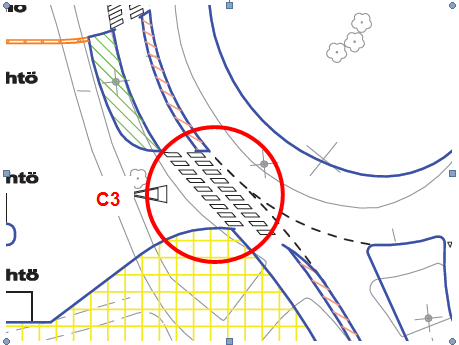 14 Kohde C3. Suojatie Asema-aukion kiertoliittymässä, bussilaiturin liittymässä on pitkä. Liittymä on yksisuuntainen.