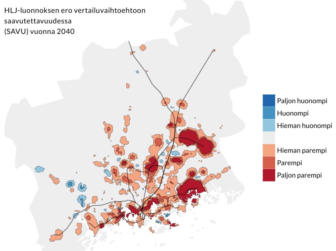 Kuva 26. HLJ-luonnoksen SAVU-vyöhykkeiden ero vertailuvaihtoehtoon nähden vuonna 2040.