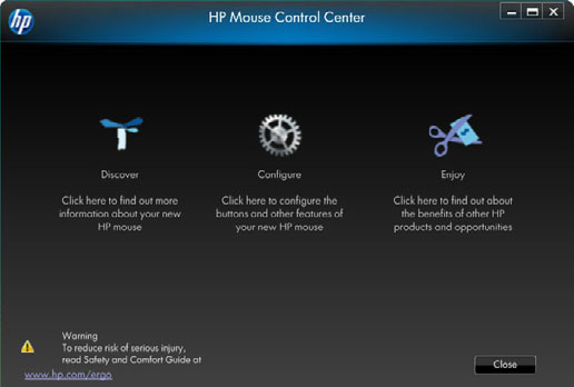 Liikkuminen HP Mouse Control Center -ohjelmistossa HP Mouse Control Center -ohjelmisto on yksinkertainen ja suoraviivainen, minkä ansiosta sieltä on helppo löytää tietoa ja mukauttaa kaikki hiiren
