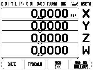 I - 1 Johdanto W1000- näyttölaitteeseen Näytön layout 1 Peruspiste 2 Työkalu 3 Syöttöarvo 4 Työkello 5 Mittayksikkö 6 Käyttötavat 7 Sivun näyttö 8 Asetus/Nollaus 9 Akselitunnukset 10