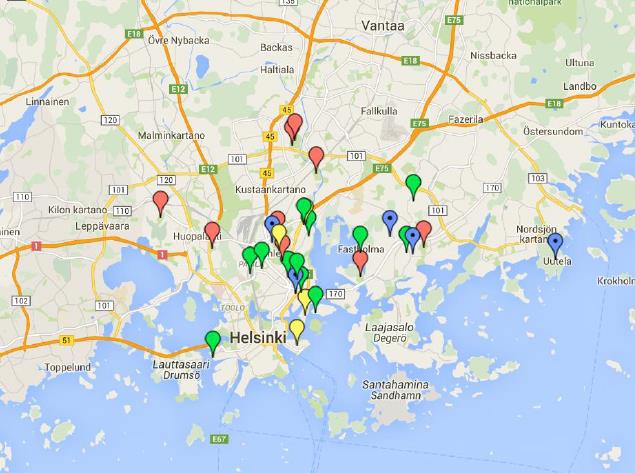 Nykyisin lukuisia viljelymahdollisuuksia Helsingissä Pienpalsta- ja palsta-alueet keltaisia Yhteisölliset hankkeet vihreitä Koulu-, päiväkoti-,