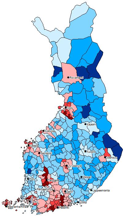 Asukasluvun muutos (%) vuodesta 2010 vuoteen 2030 Vähenee eniten: Lieksa -24,7 Kemijärvi -24,6 Pello -23,9