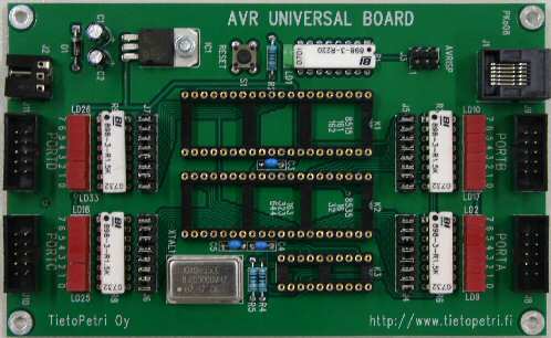 9 2.2 ARV Universal Board Tietopetrin AVR Universal Board on useammalle mikrokontrollerille suunniteltu alusta, jossa on kontrollerin ulkopuolinen reset-näppäin ja 8Mhz kellotaajuuskide, sekä