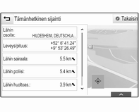 50 Navigointi Valitse Tämänhetkinen sijainti näyttääksesi kyseisen alavalikon, jossa näkyvät tiedot lähimmästä osoitteesta, koordinaateista ja erikoiskohteista (3 53) nykyisen sijainnin lähellä.