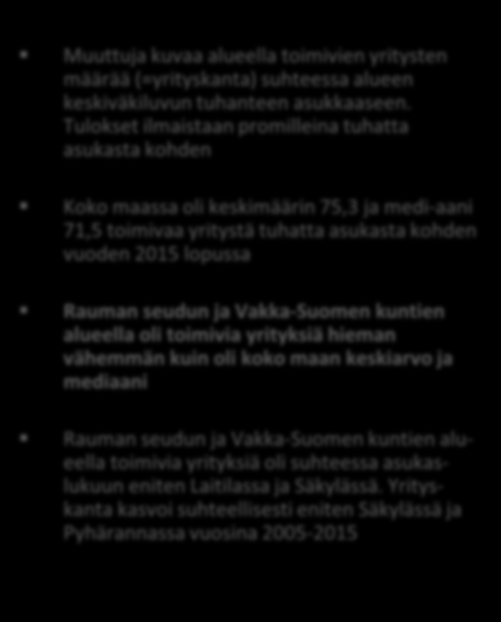 YRITYSKANTA SUHTEESSA ALUEEN KESKIVÄKILU- KUUN 2005-2015 Muuttuja kuvaa alueella toimivien yritysten määrää (=yrityskanta) suhteessa alueen keskiväkiluvun tuhanteen asukkaaseen.