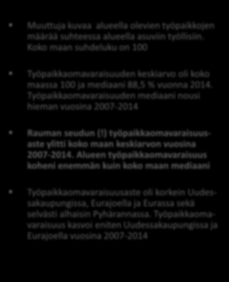 TYÖPAIKKAOMAVARAISUUS- ASTE (%) VUOSINA 2007-2014 Muuttuja kuvaa alueella olevien työpaikkojen määrää suhteessa alueella asuviin työllisiin.