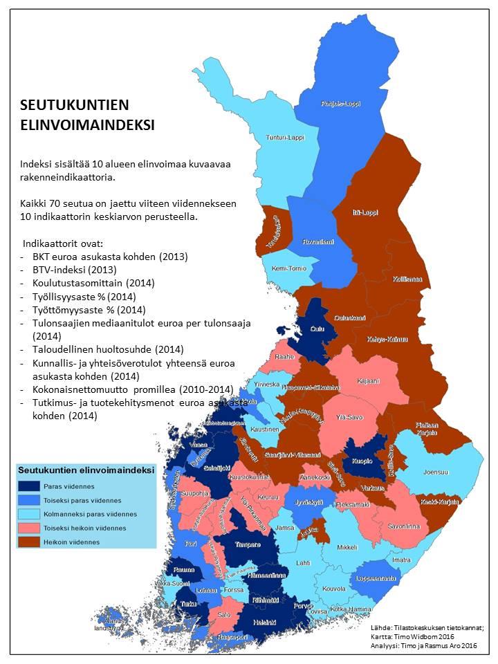 SEUTUKUNTIEN ELINVOIMA- INDEKSI Indeksi sisältää 10 alueen elinvoimaa kuvaavaa rakenneindikaattoria. Kaikki 70 seutua on jaettu viiteen viidennekseen 10 indikaattorin keskiarvon perusteella.