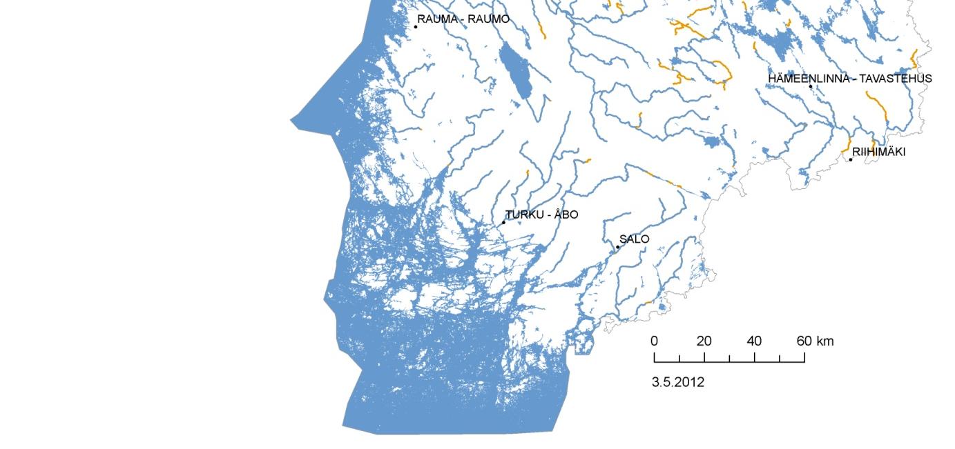 Kuva 4. Kokemäenjoen-Saaristomeren-Selkämeren vesienhoitoalueella tarkasteltavat pintavedet.