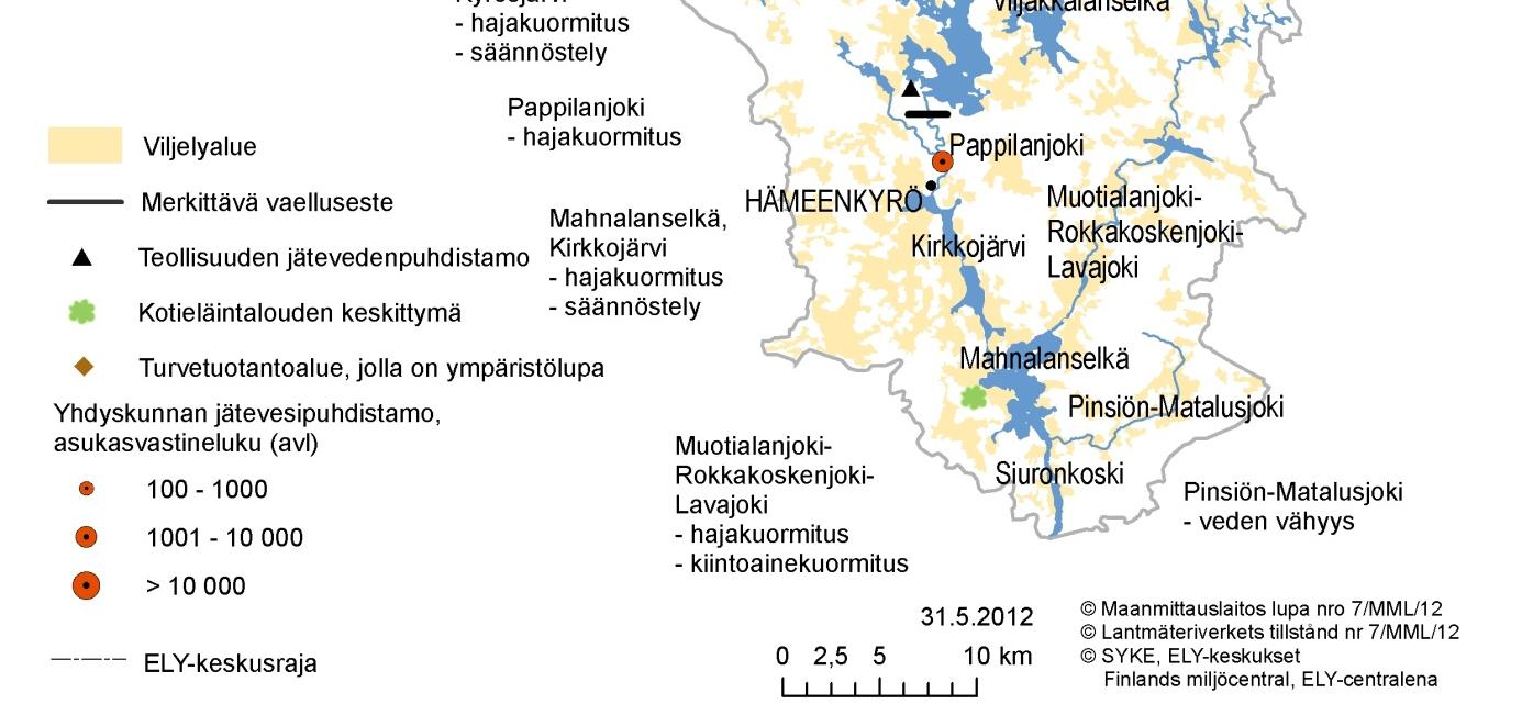 Viereisessä kartassa on esitetty Ikaalisten reitin ja Jämijärven vesistöjen vesienhoidon keskeiset kysymykset.